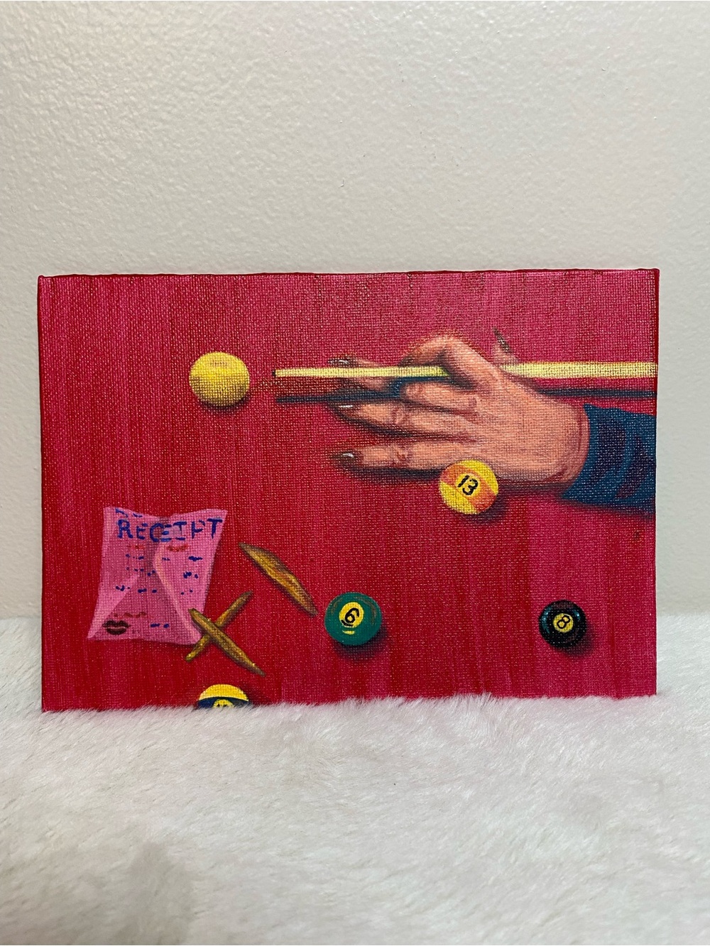Hand Painted Pool Table Still Life Canvas Panel - Red Background